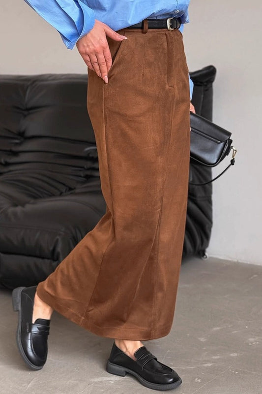 Suede Vintage Brown Straight Slit Long Skirt