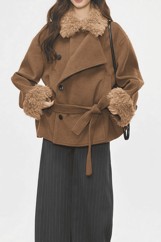 Vintage Fur Collar Fur Cuffs Short Woolen Coat