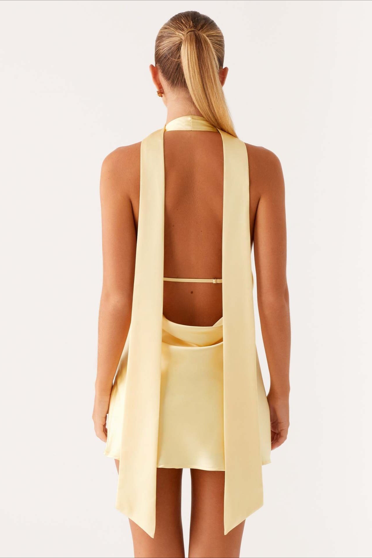 Deep V Backless Ribbon Cocktail Dress S / Beige