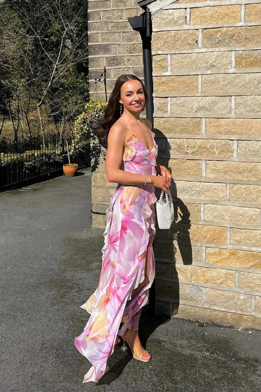 Robe longue patchwork à fleurs et pompons en mousseline de soie