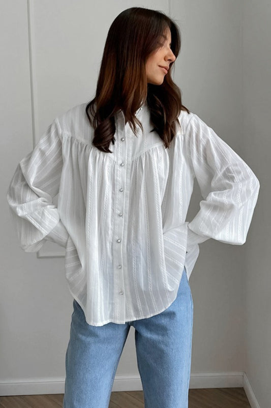 White Cotton Jacquard Stand Collar Blouse