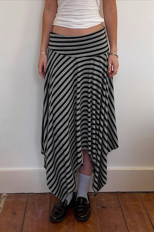 Gray Striped Ruched Asymmetric Maxi Skirt