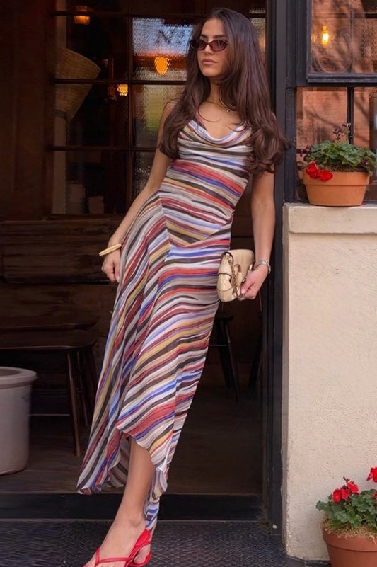 Striped Cowl Neck Asymmetric Midi Dress