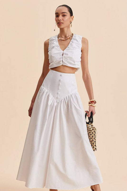Stylish High Waist Button Patchwork White Maxi Skirt