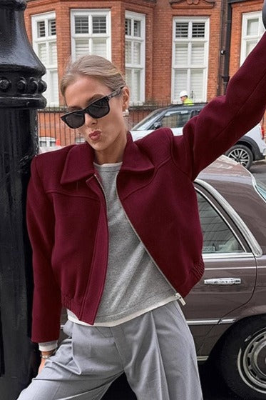 Veste blazer courte en laine bordeaux