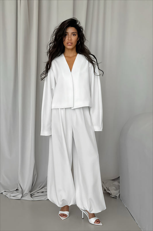 Solid V-neck Cardigan Tapered Two Piece Set