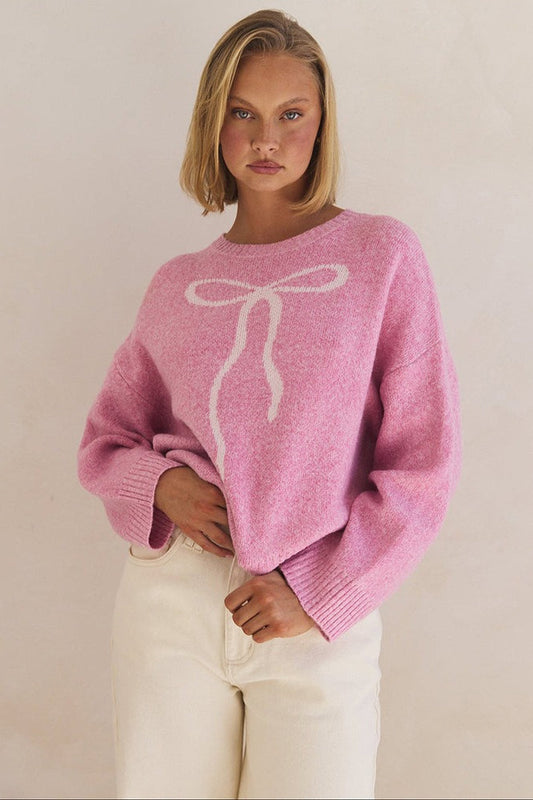 Bow Jacquard Crew-Neck Loose Casual Sweater Pink / S