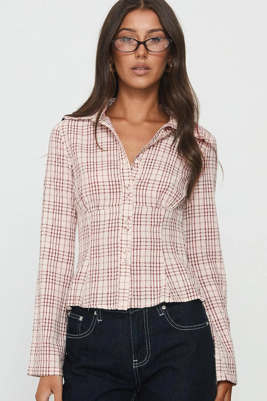 Plaid Regular Shoulder Fitted Waist Short Long Sleeve Blouse