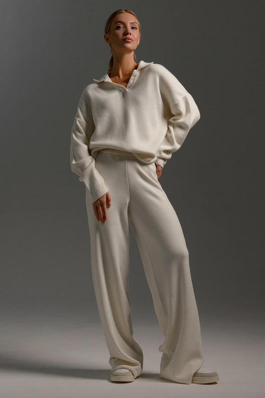Polo Collar Knit Pullover Wide-Leg Pants Two Piece Set