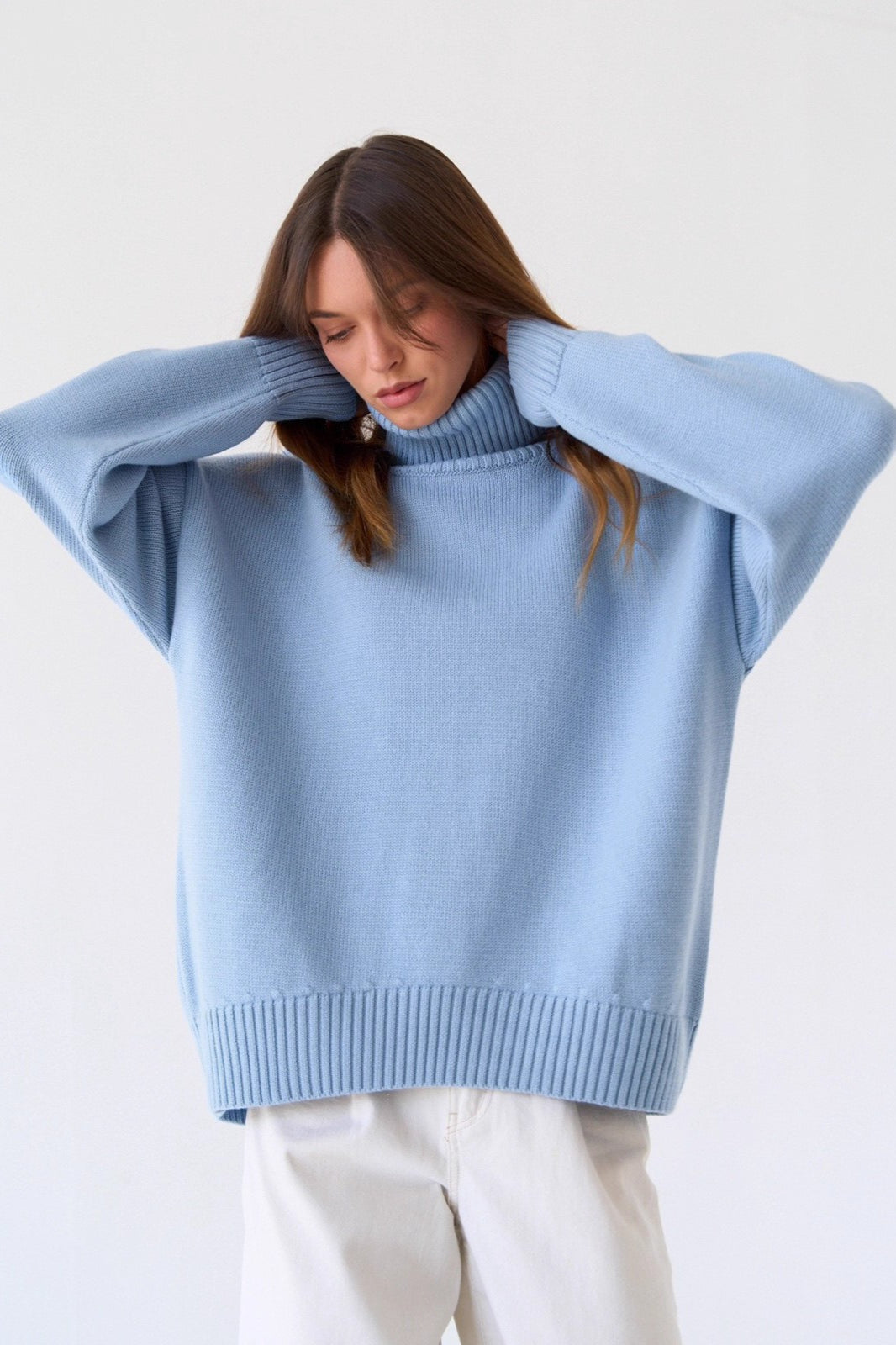 Solid Color High-Neck Loose Knit Sweater Blue / S