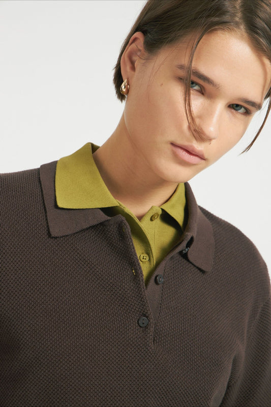 Polo Collar Button Placket Knit Sweater