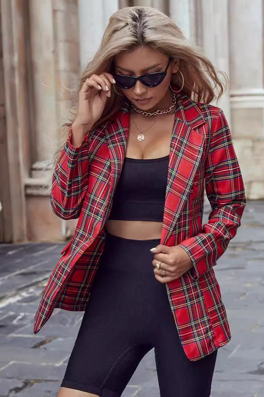 Trendy Red Plaid Blazer Western Outerwea