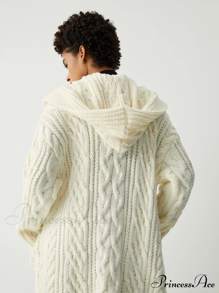 Cable Knit Graceful Hooded Longline Cardigan Sweaters-L