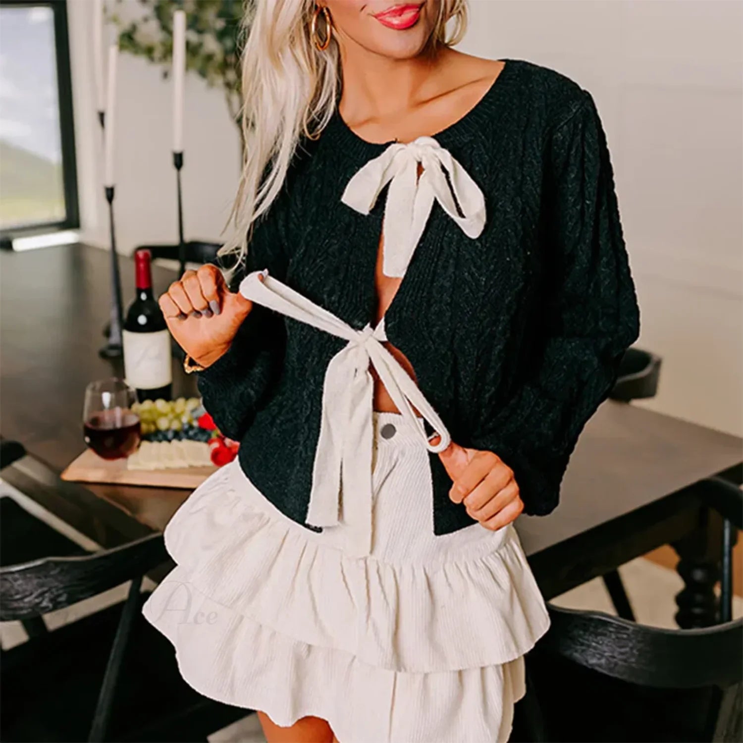 Cable Knit Split Front Bow Cardigan Cardigan-241208