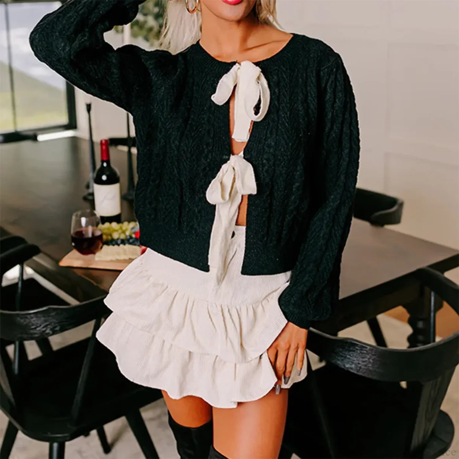 Cable Knit Split Front Bow Cardigan Black / S Cardigan-241208