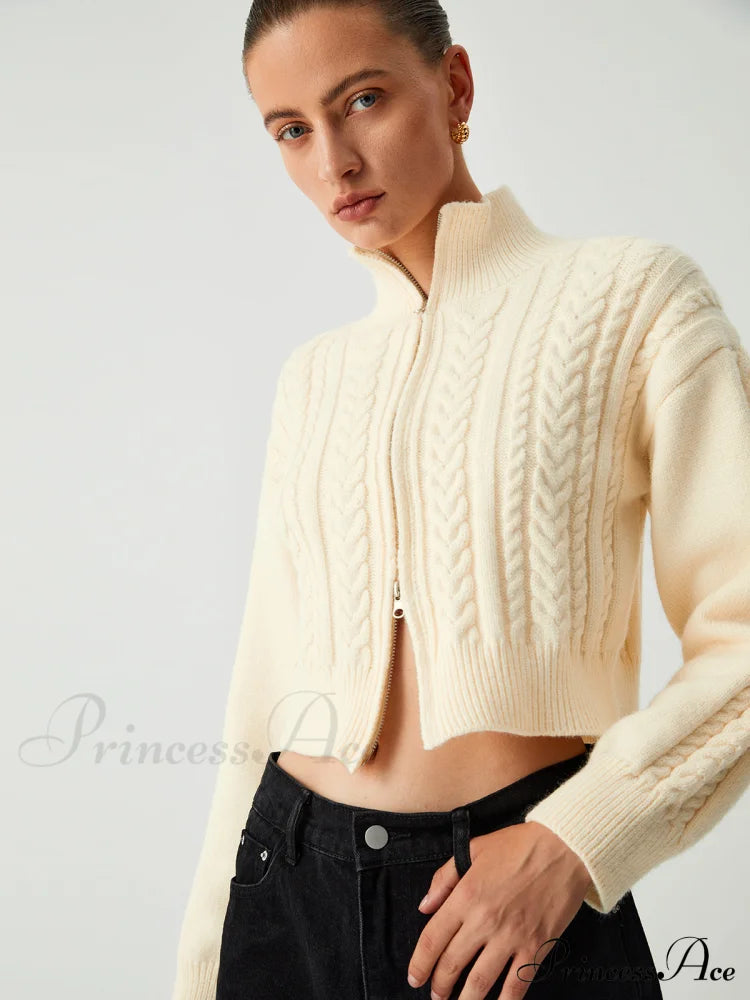 Cable Knit Two Trendy Way Zip Crop Cardigan Sweaters-L