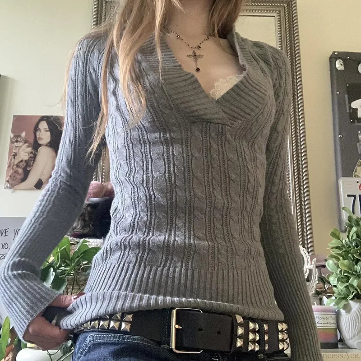 Cable Knitted Slim Fit Hooded Sweater Long Sleeve V Neck Women GRAY / S knittop-250126