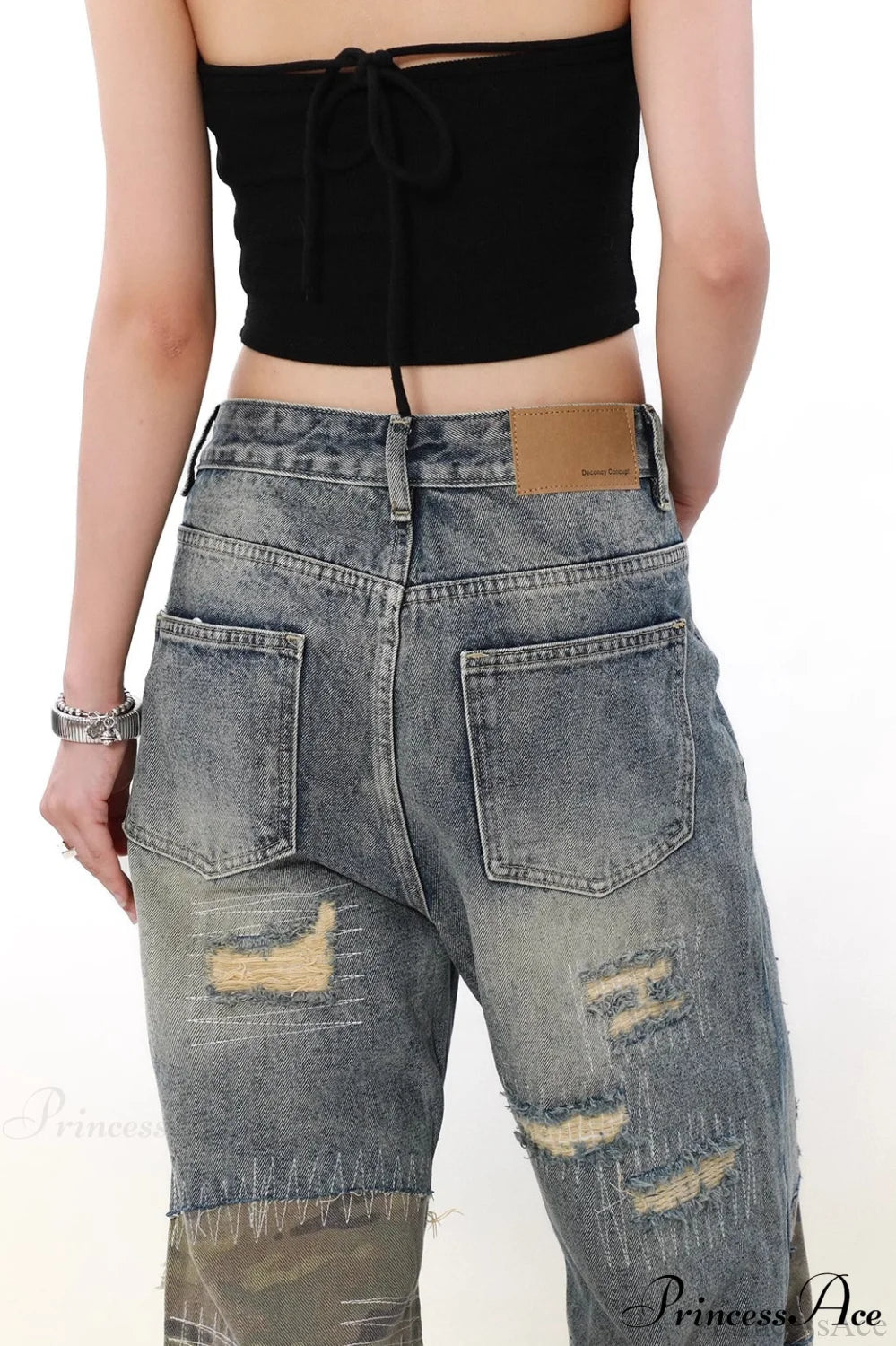 Camouflage Patchwork Distressed Wide Jeans