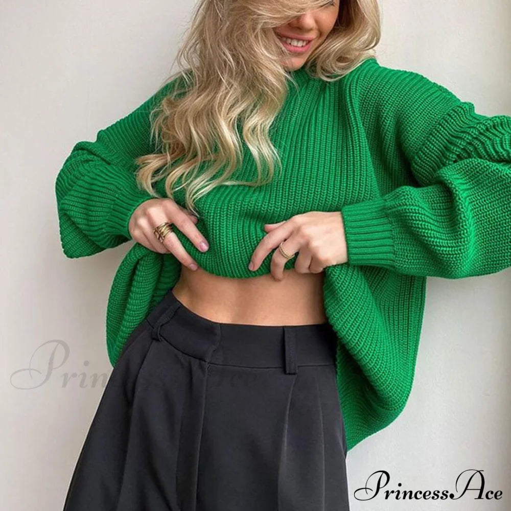 Candy Color Crewneck Trendy Pullover Sweater - Beige L / Green Sweaters