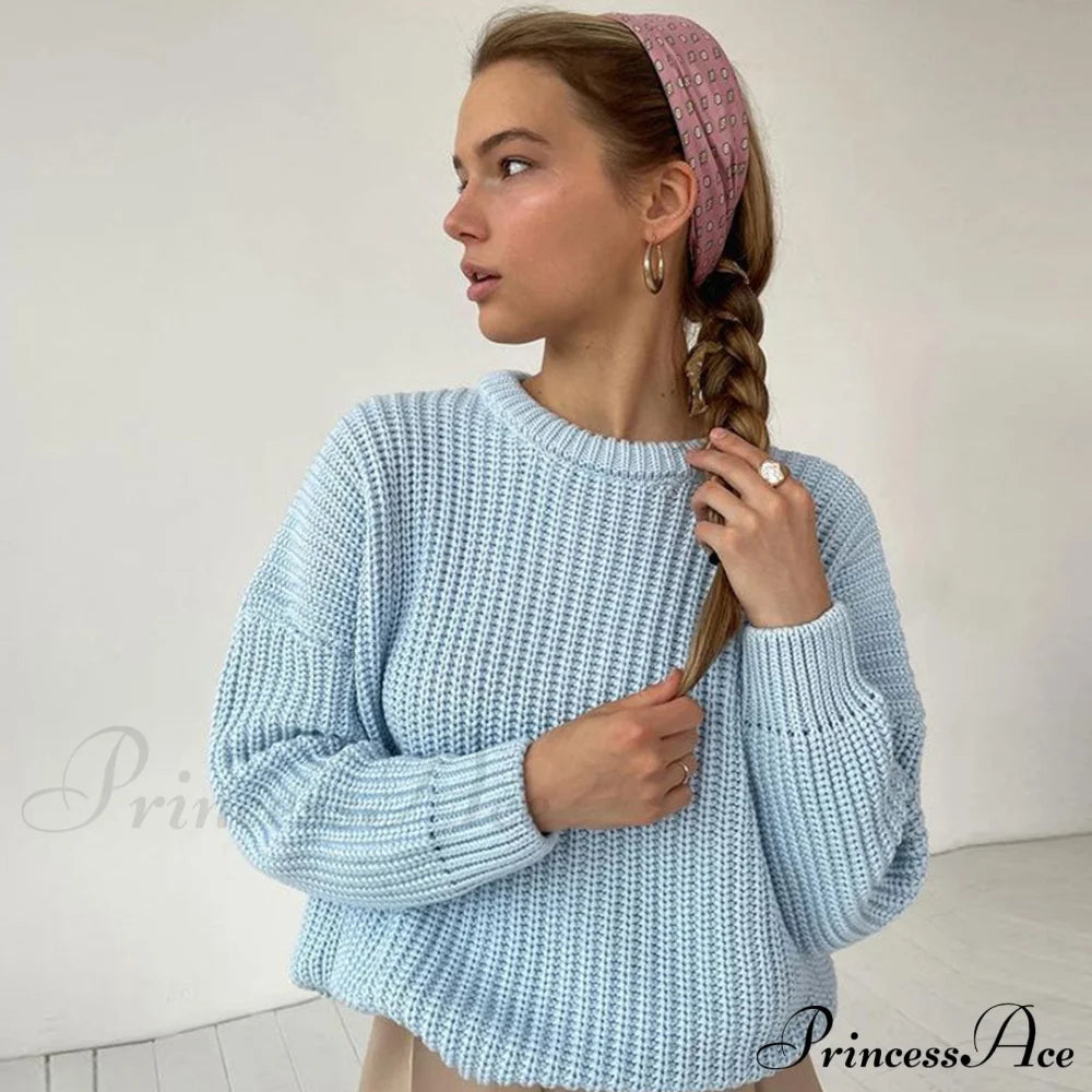 Candy Color Crewneck Trendy Pullover Sweater - Green L / Light Blue Sweaters