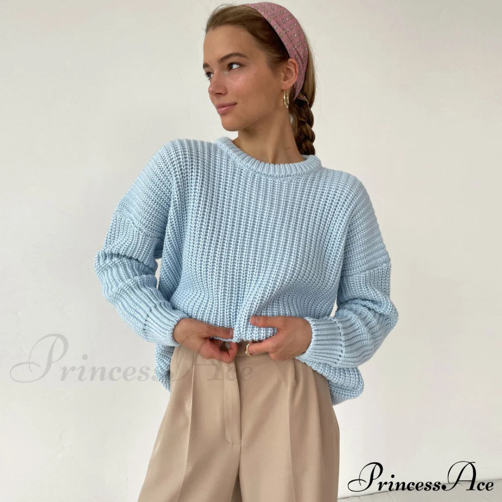 Candy Color Crewneck Trendy Pullover Sweater - Green S / Light Blue Sweaters