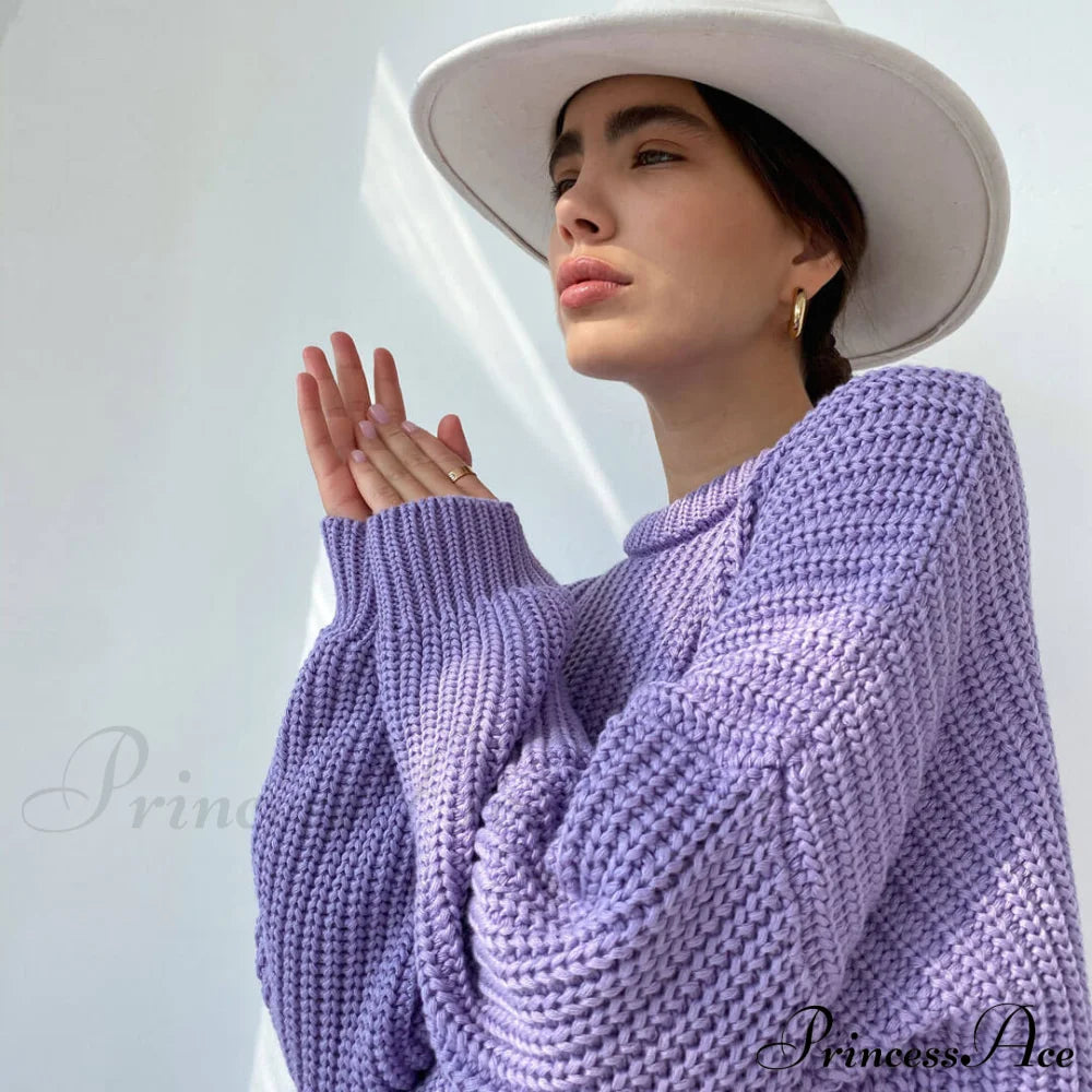 Candy Color Crewneck Trendy Pullover Sweater - Orange L / Purple Sweaters