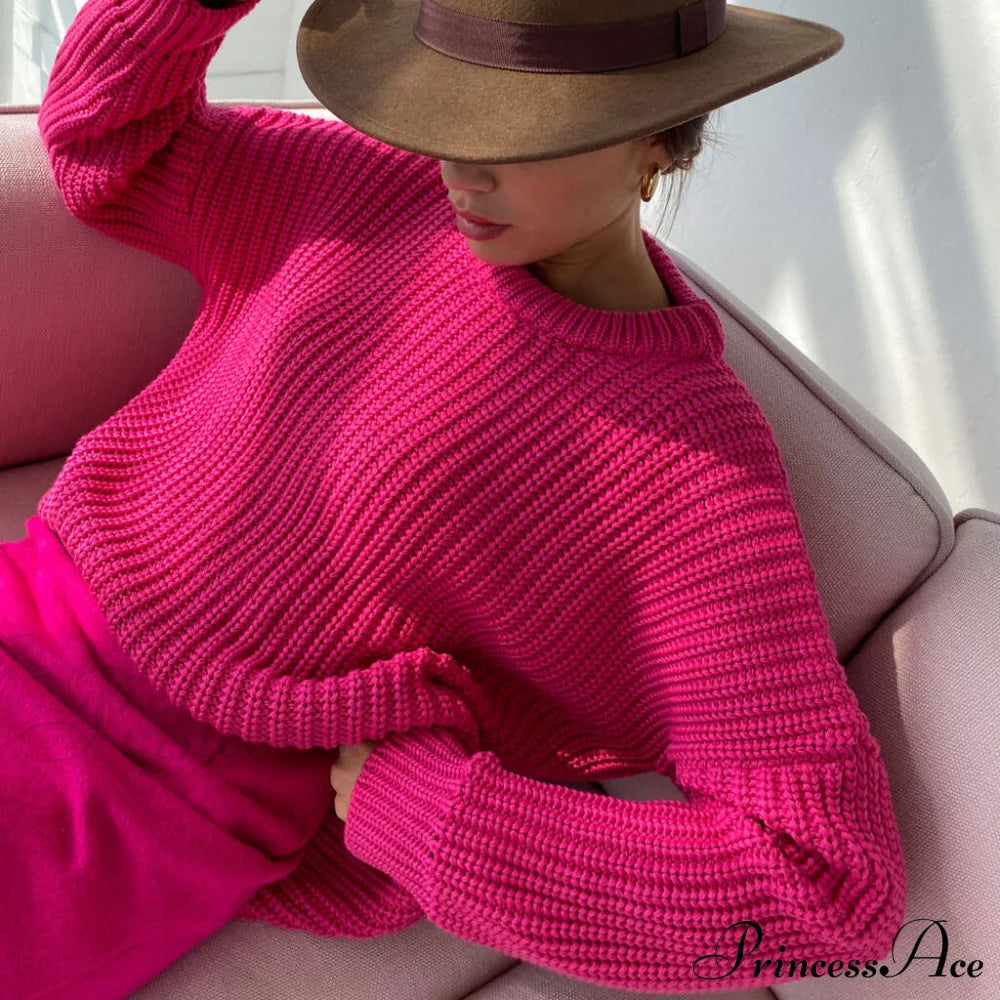 Candy Color Crewneck Trendy Pullover Sweater - Purple L / Rose Sweaters