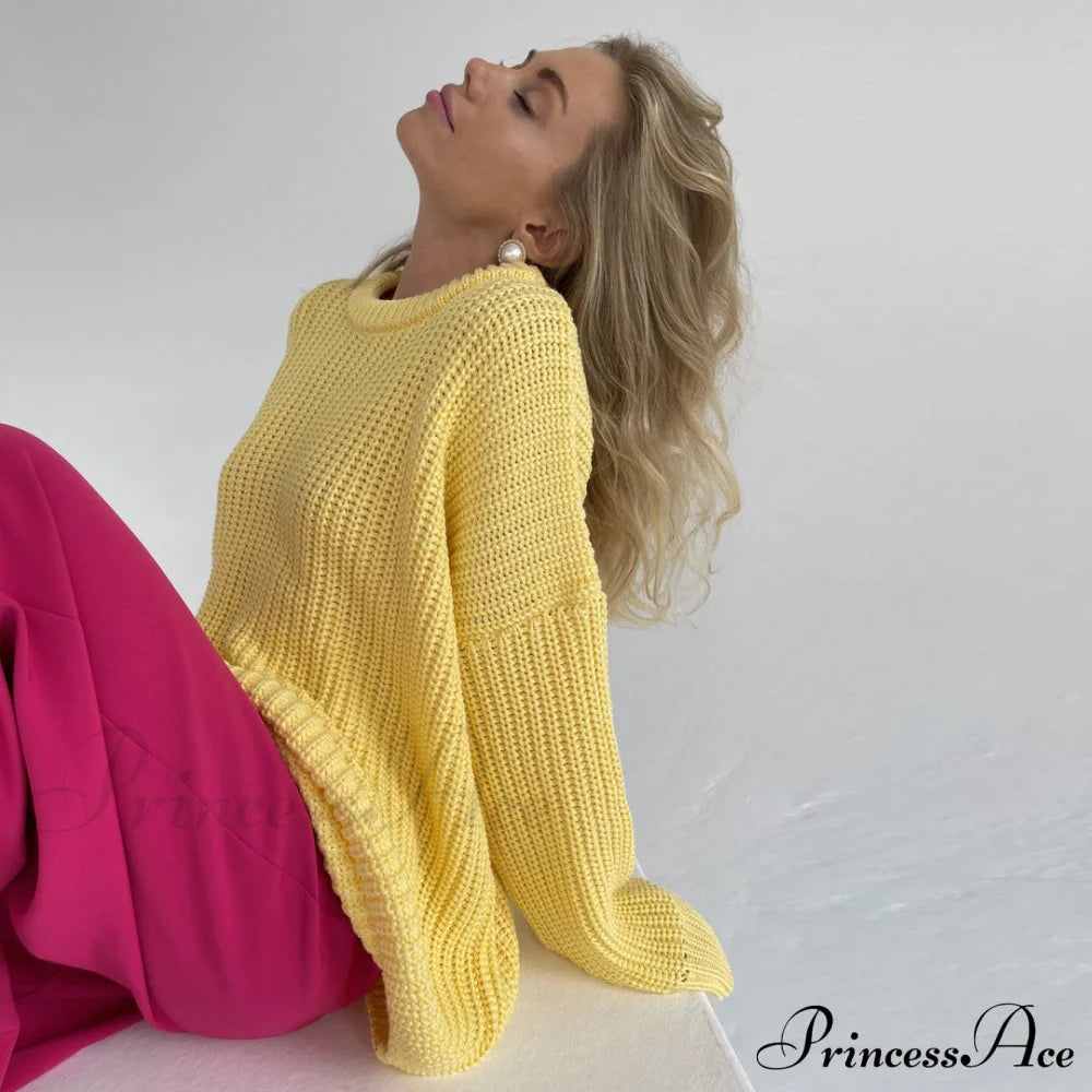 Candy Color Crewneck Trendy Pullover Sweater - Rose L / Yellow Sweaters