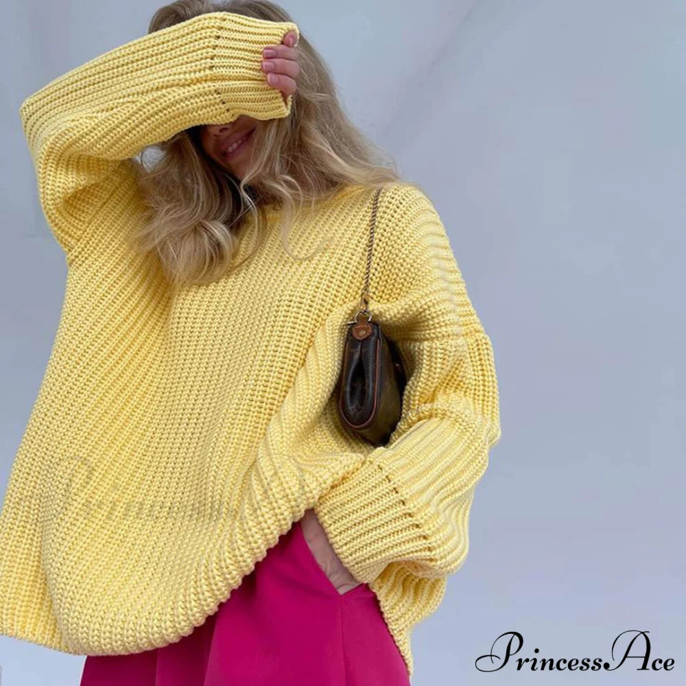 Candy Color Crewneck Trendy Pullover Sweater - Rose Xl / Yellow Sweaters