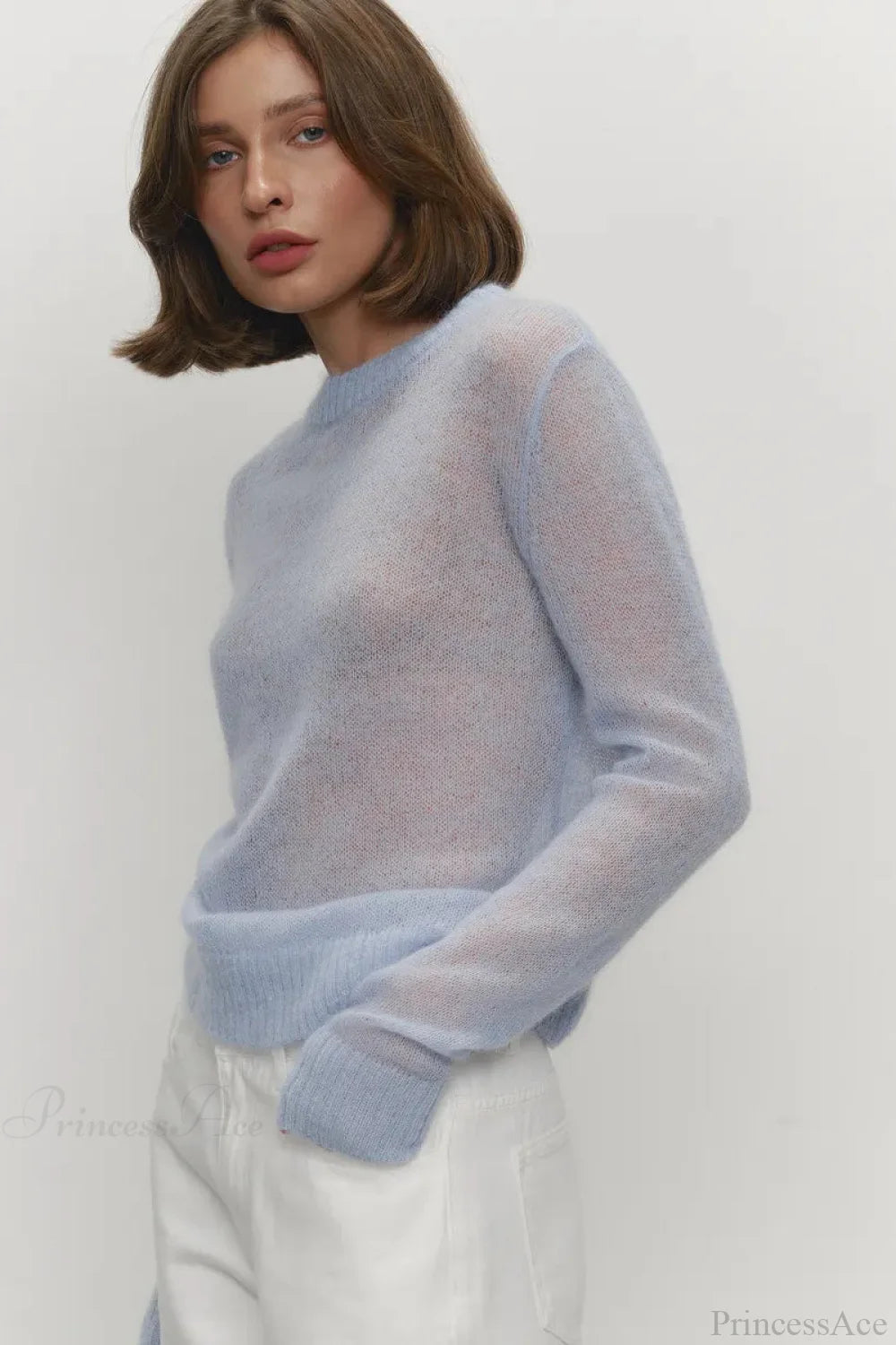 Candy Color Sheer Crew Neck Knit Sweater Blue / S