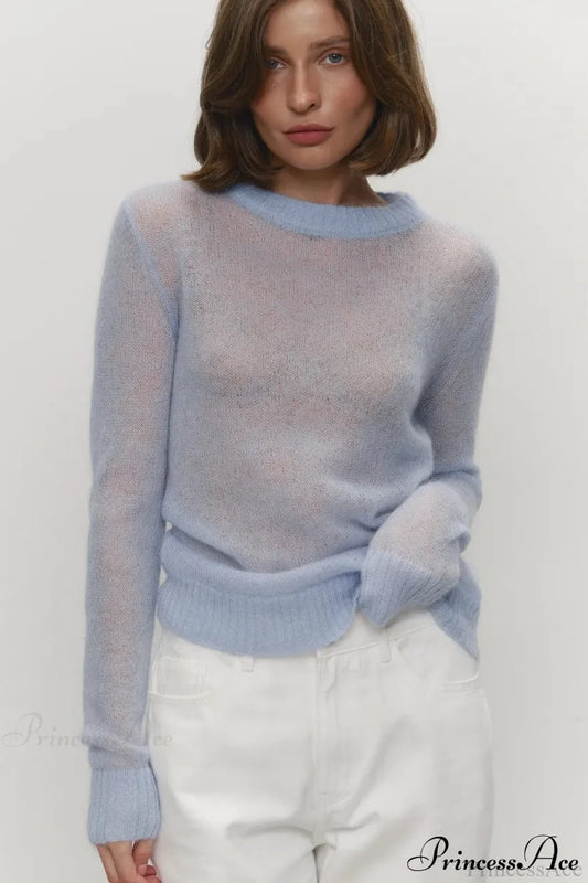Candy Pastels Sheer Crew Neck Lightweight Knit Top Sky Blue / S