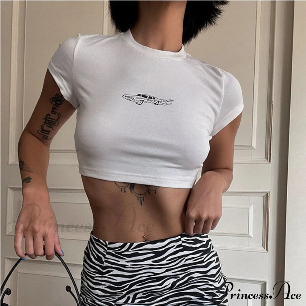 Car Print Stylish White Baby Tee Top