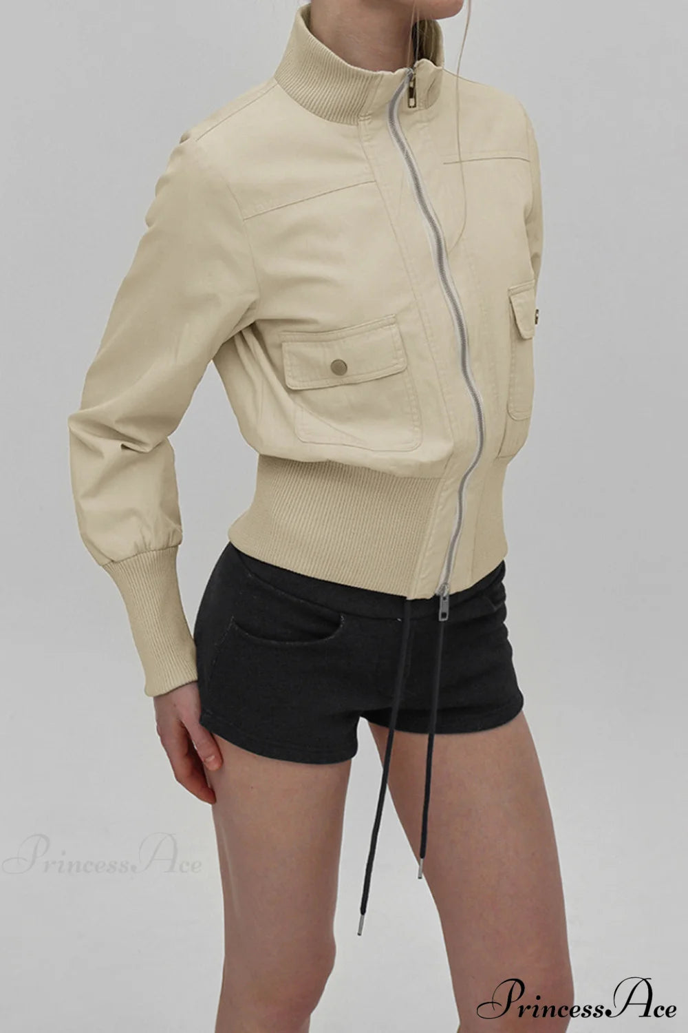 Cargo Zip Pocket Stand Collar Waist Casual Jacket