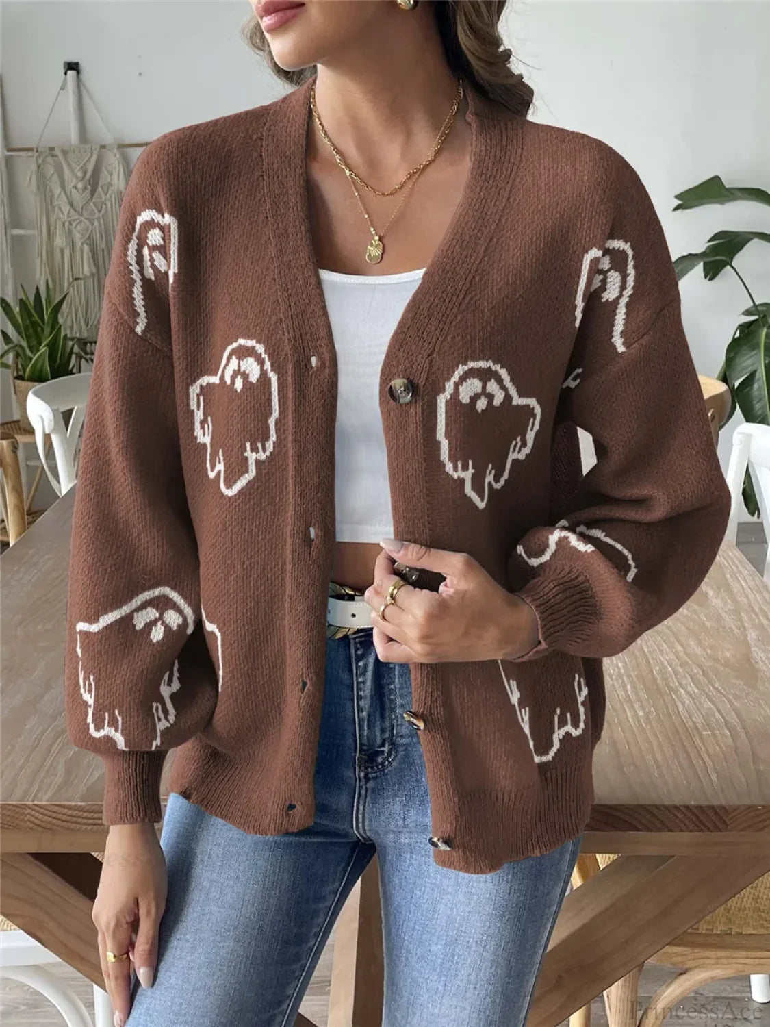Cartoon Jacquard Halloween Button-up Cardigan Dark Brown / S