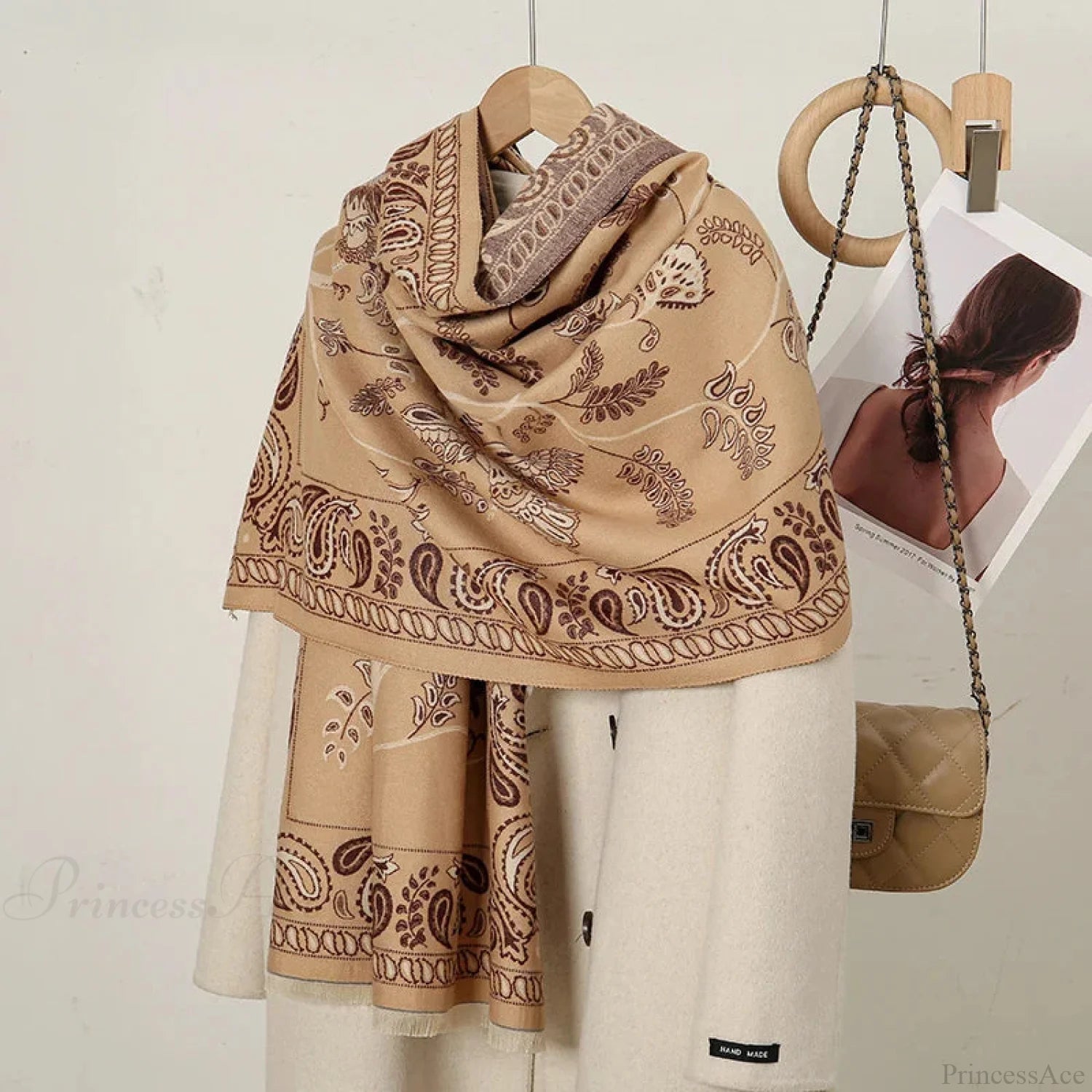 Cashmere Floral Print Winter Blanket Wrap Scarf Khaki 3 Scarfs-L