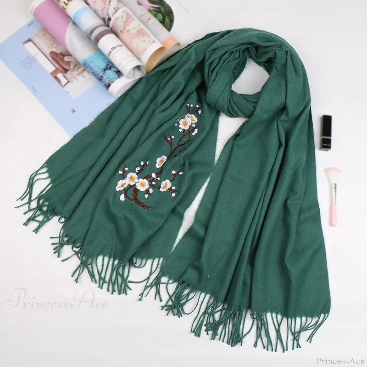 Cashmere Winter Flower Pashmina Shawl With Tassels Green Scarfs-L