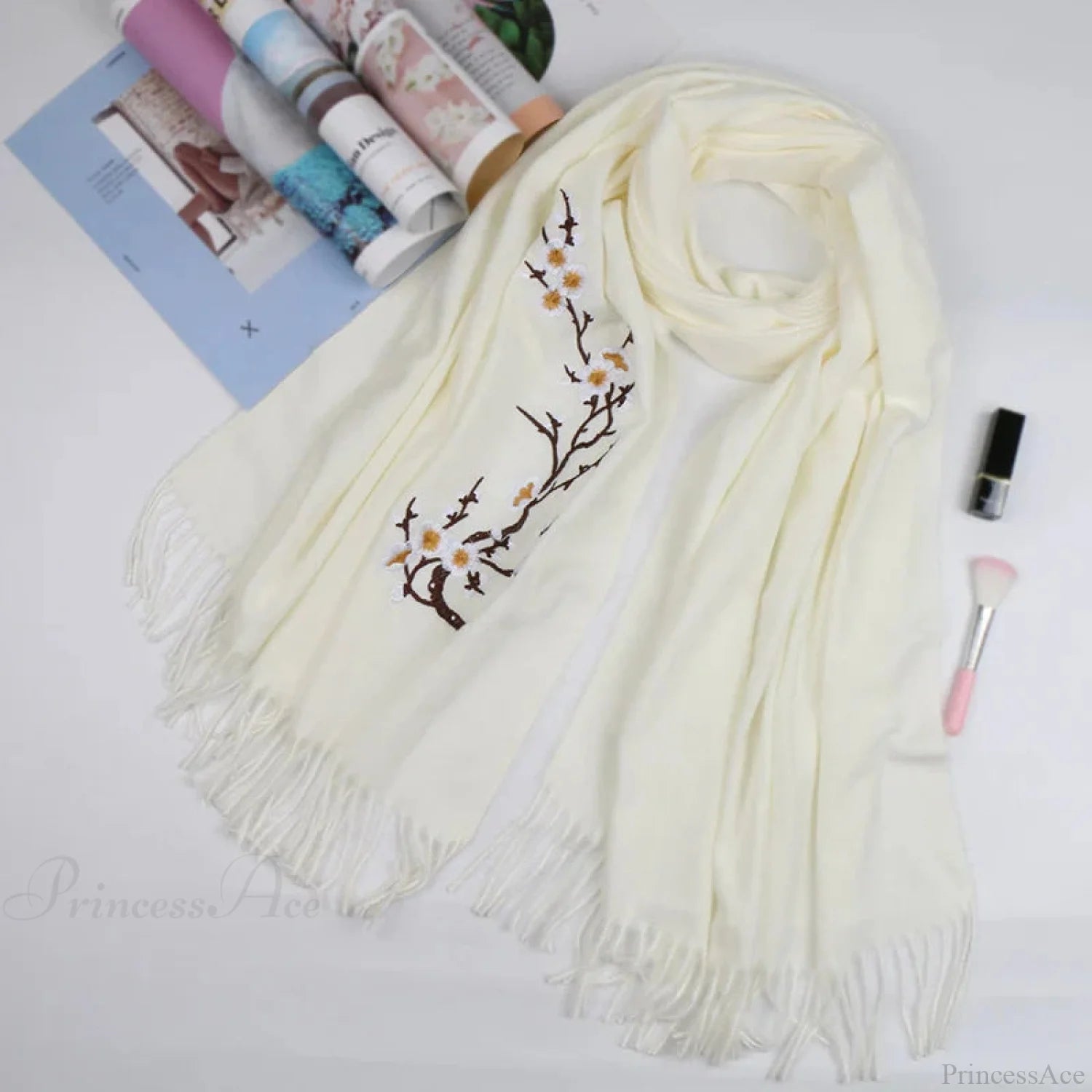 Cashmere Winter Flower Pashmina Shawl With Tassels White Scarfs-L