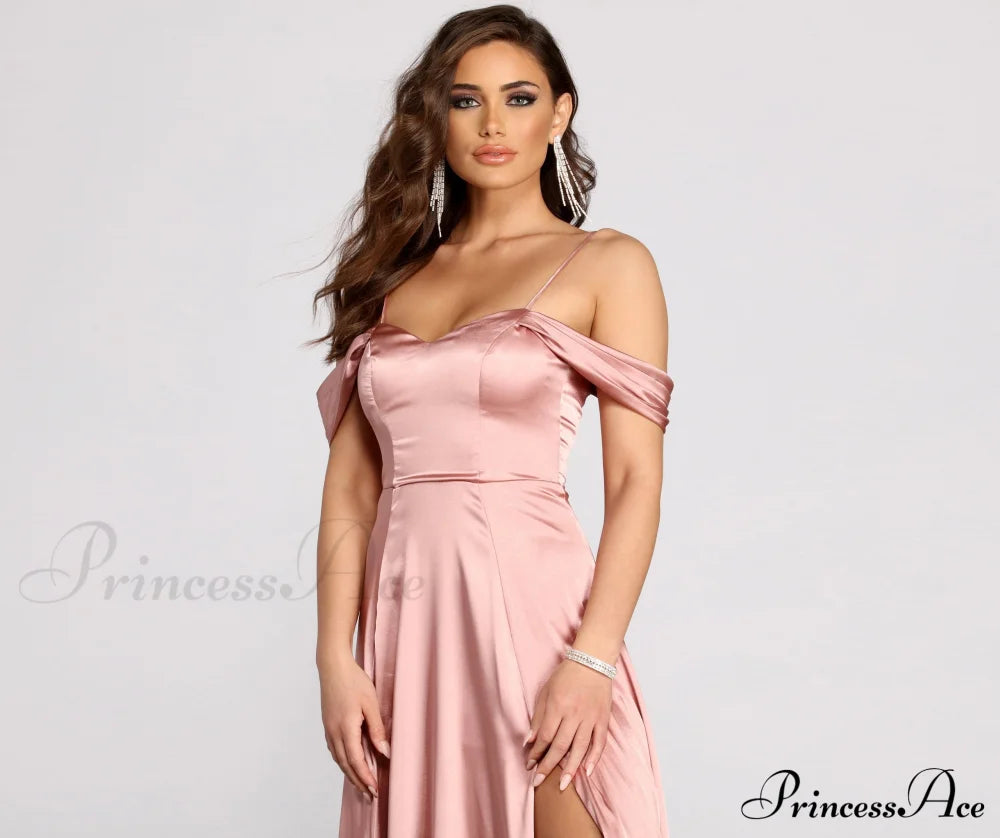 Cassia Lace-Up Back Charming Off Shoulder Satin Dress S.o. Long Dresses