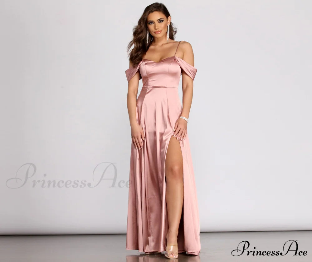 Cassia Lace-Up Back Charming Off Shoulder Satin Dress S.o. Long Dresses