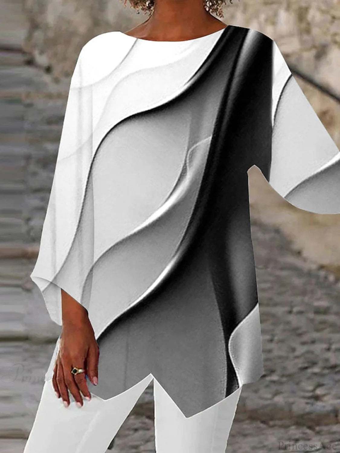 Casual Round Design Women’s Blouse Abstract Asymmetric Graphic Yellow Long Neck - Arm Basic Pink