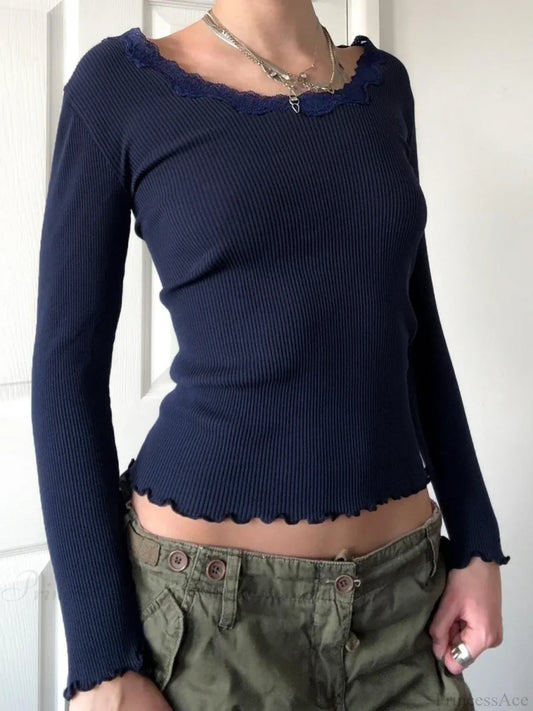 Casual Basic Lace Trim Slim Patchwork O-Neck Knit Top Blue / S knittop-250126