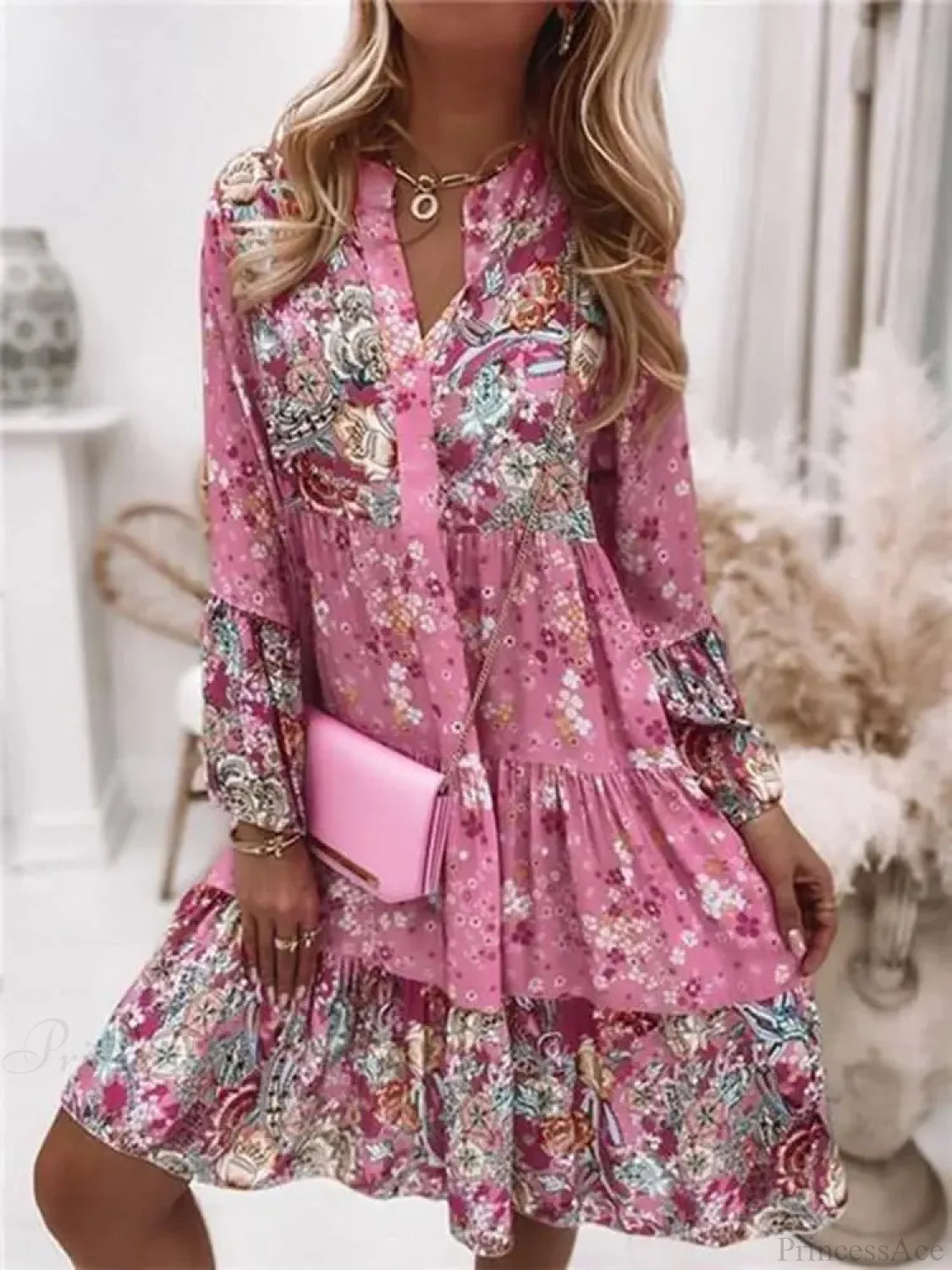 Casual Boho Floral V-neck Ruffled A-line Beach Party Floral Dress Pink / S oldfloraldress-250126