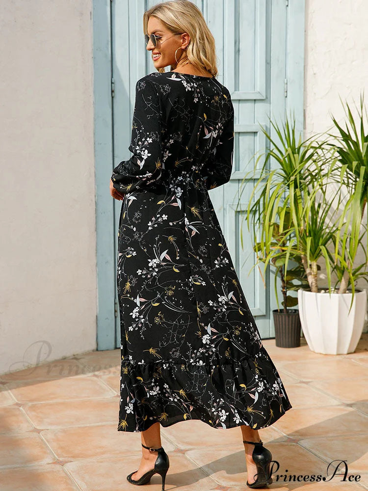 Casual Coastal Long Bohemian Flowered Dress M / Blue Dresses