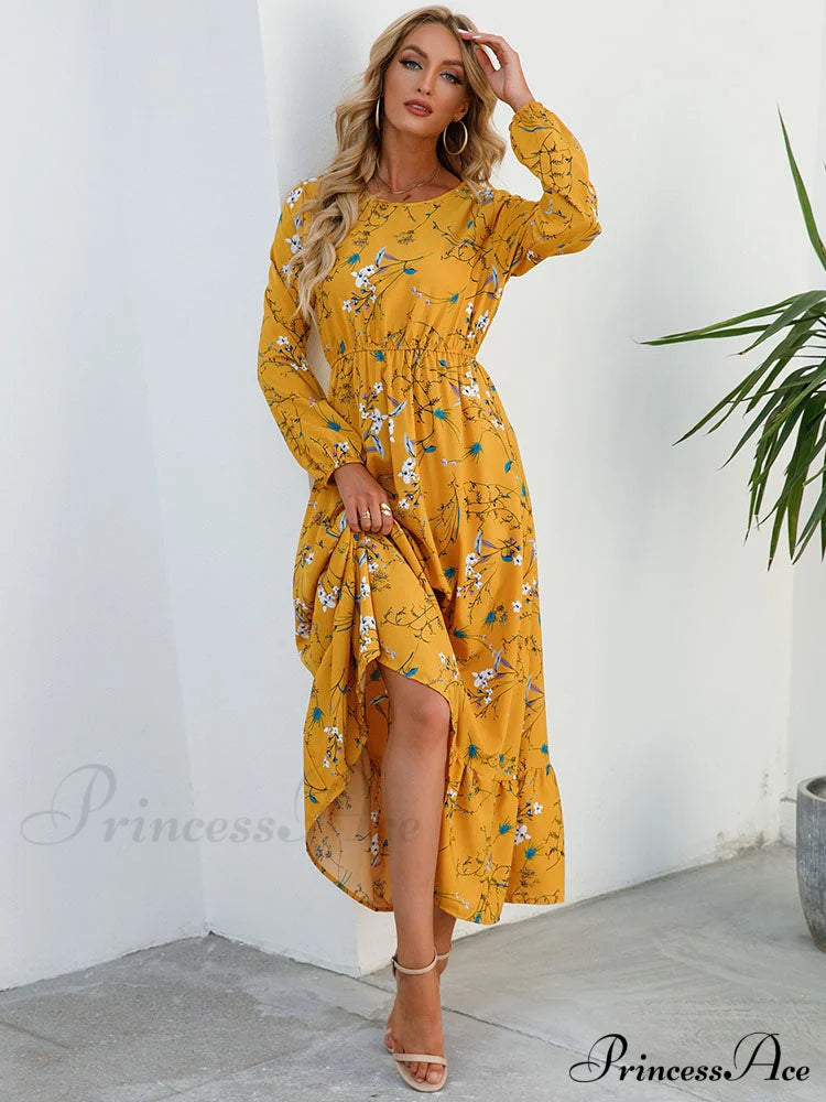 Casual Coastal Long Bohemian Flowered Dress S / Blue Dresses