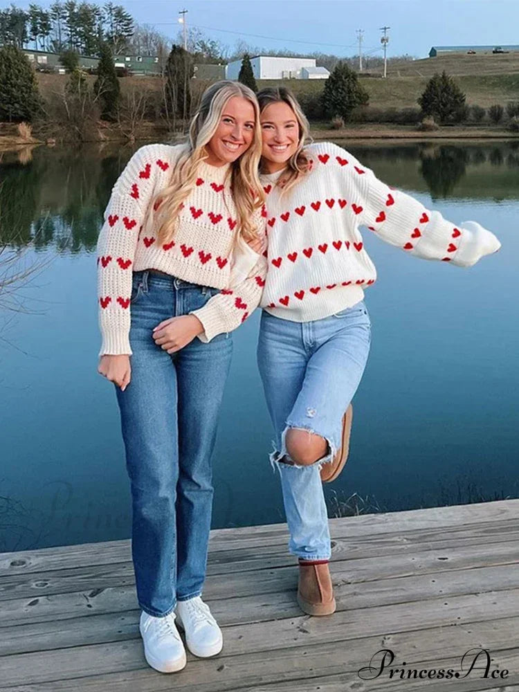 Casual Cozy Heart Print Loose O-Neck Long Sleeve Stylish Warm Sweater Sweaters-L