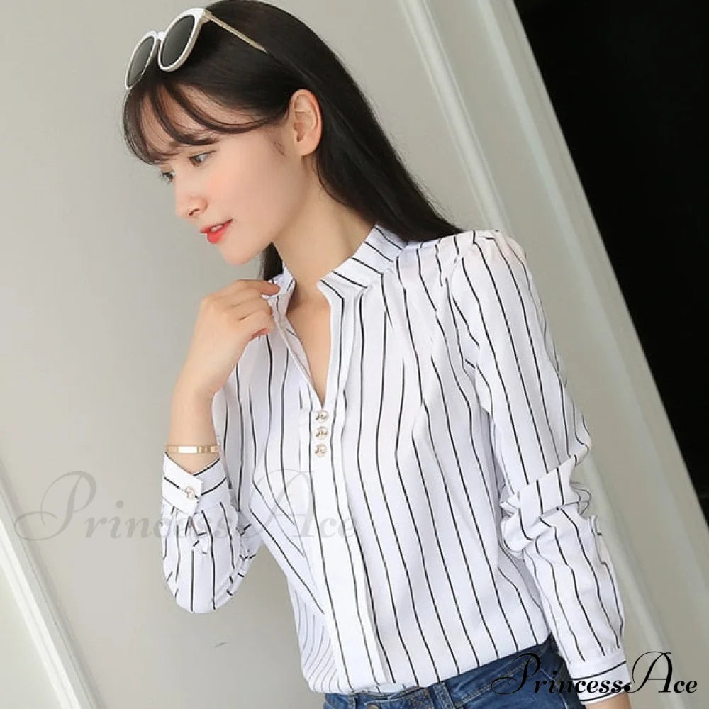 Casual Design Arm Long Women’s Plus White Stripe Size Blouse M / C