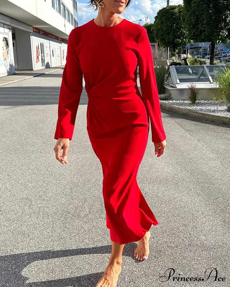 Casual Dress - Solid Color Round Neck Dresses