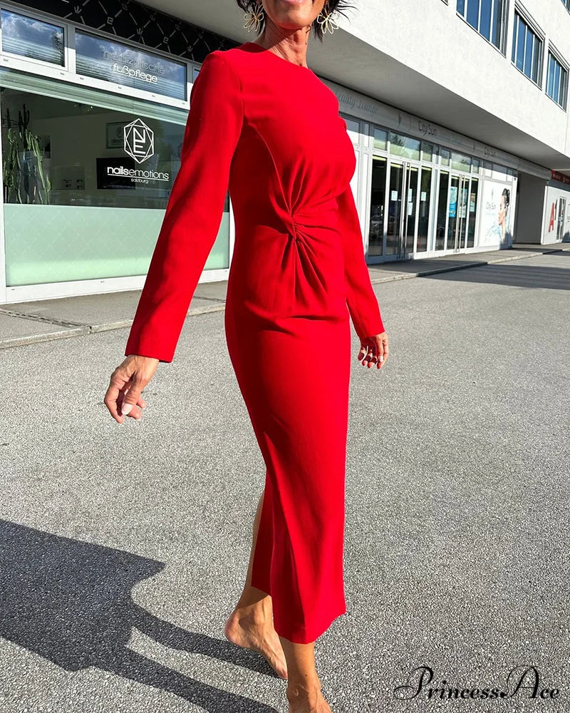 Casual Dress - Solid Color Round Neck Dresses