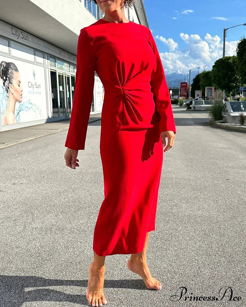 Solid Color Rond Neck Casual Dress Red 2023 f/w 23BF casual dresses Clothes Dresses spring