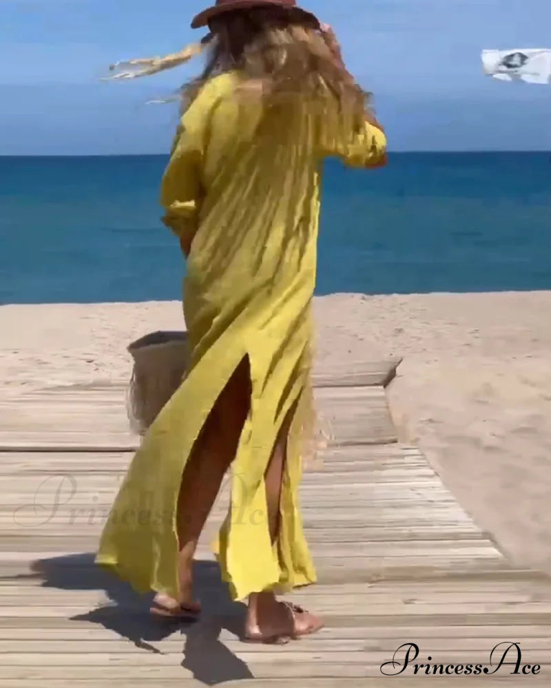 Casual Dress With Slit - Solid Color Dresses